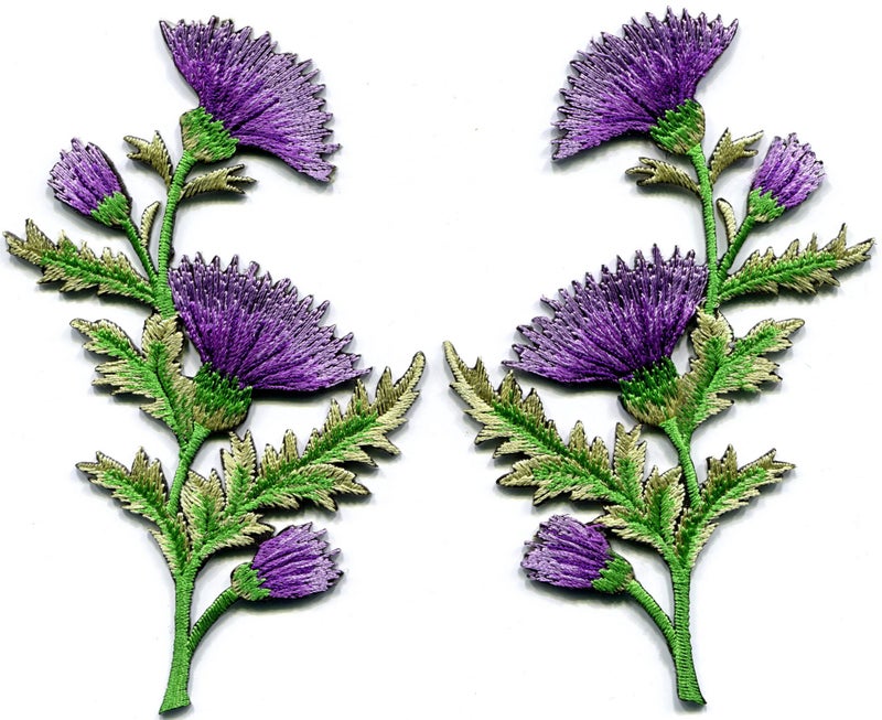 Lavender Purple Carnation Spray Thistle Pair Flowers Floral Bouquet DIY Embroidered Appliques Iron-on Patches Pair S-1149